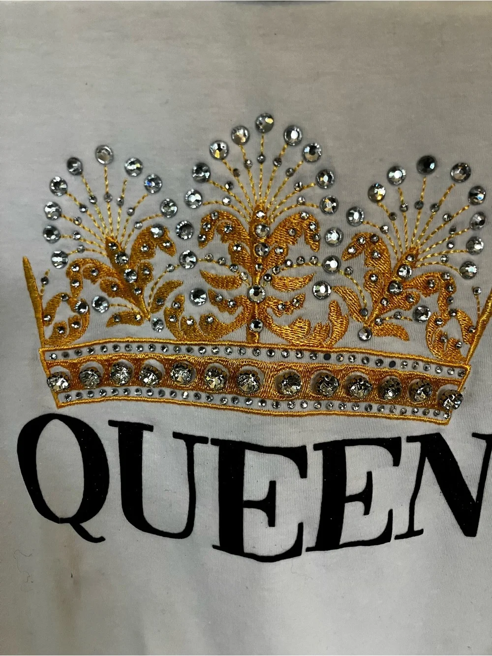 On Twelfth White Queen Graphic Tee Full Rhinestone Crown Accents Small